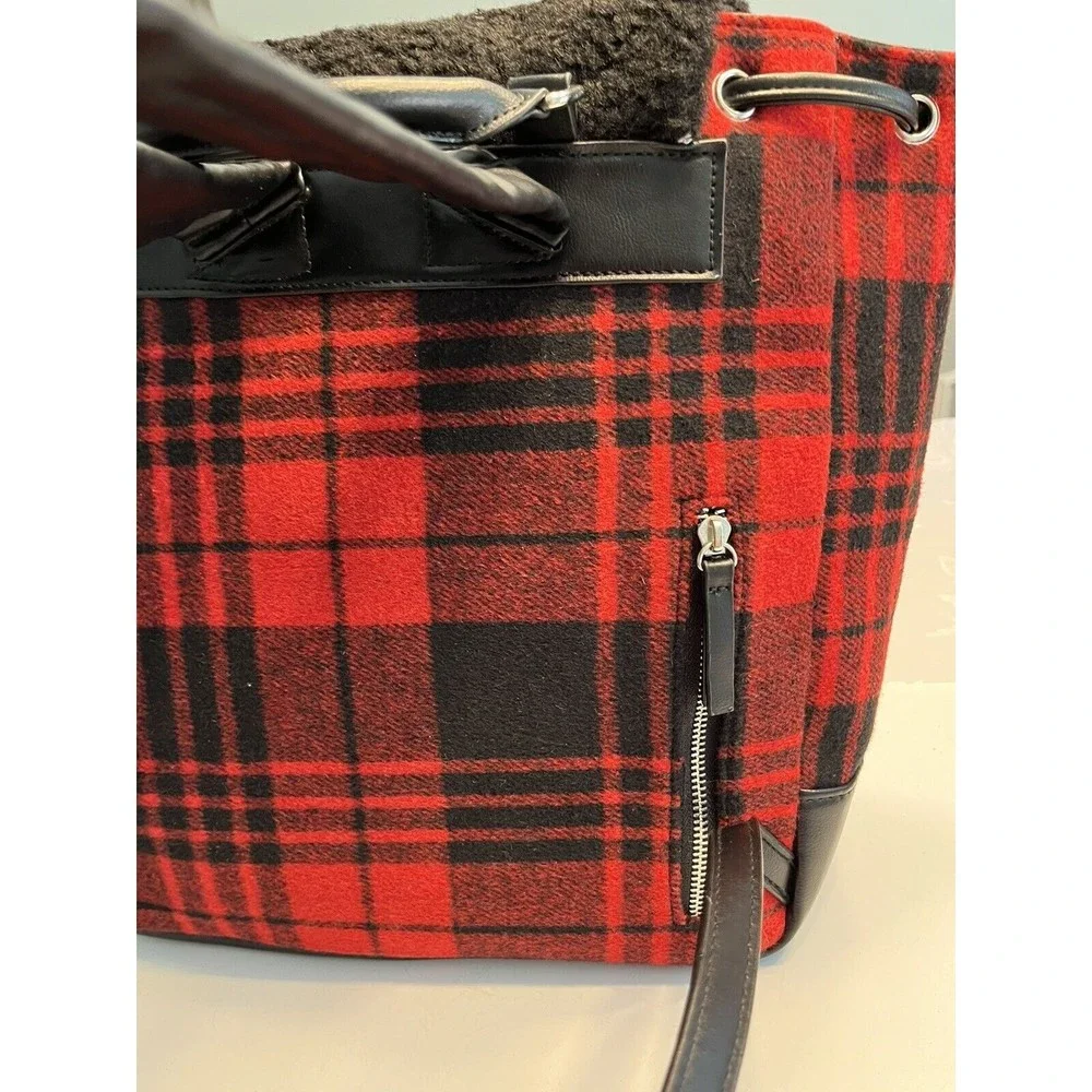 BEARPAW Faux Shearling Trim Drawstring Backpack, Red and Black Buffalo Plaid